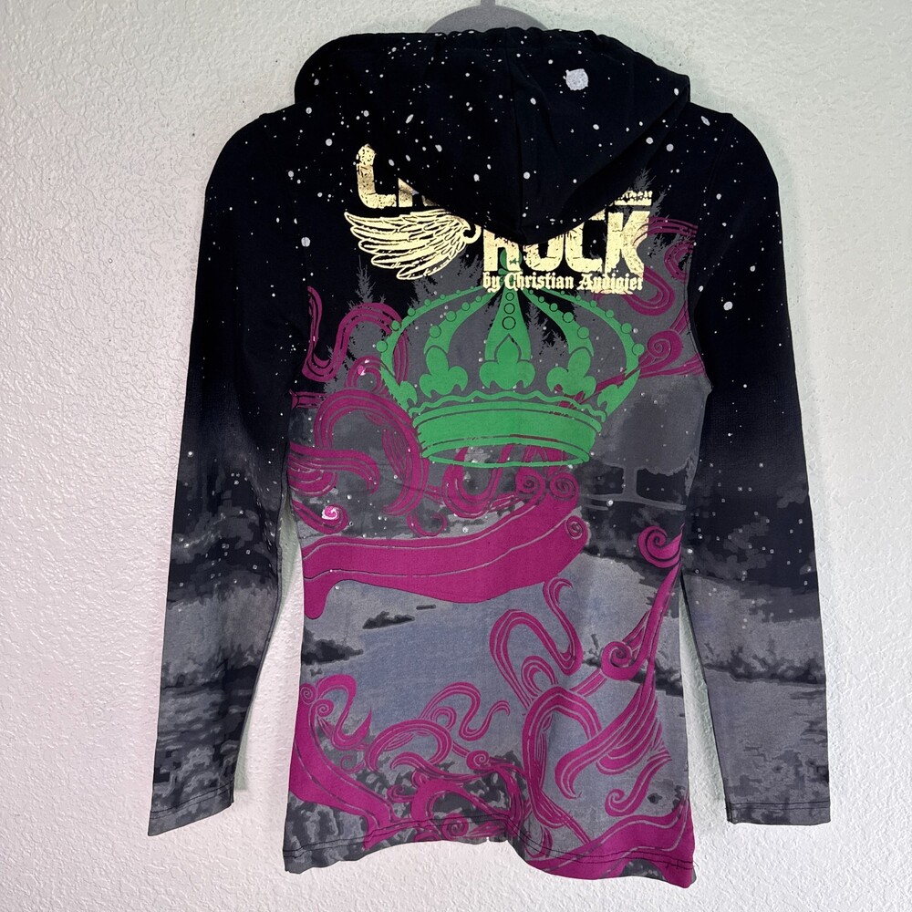 Christian Audigier Y2K Jacket Womens XS Crystal Rock Rhinestone Hair Hoodie NEW - Picture 2 of 12